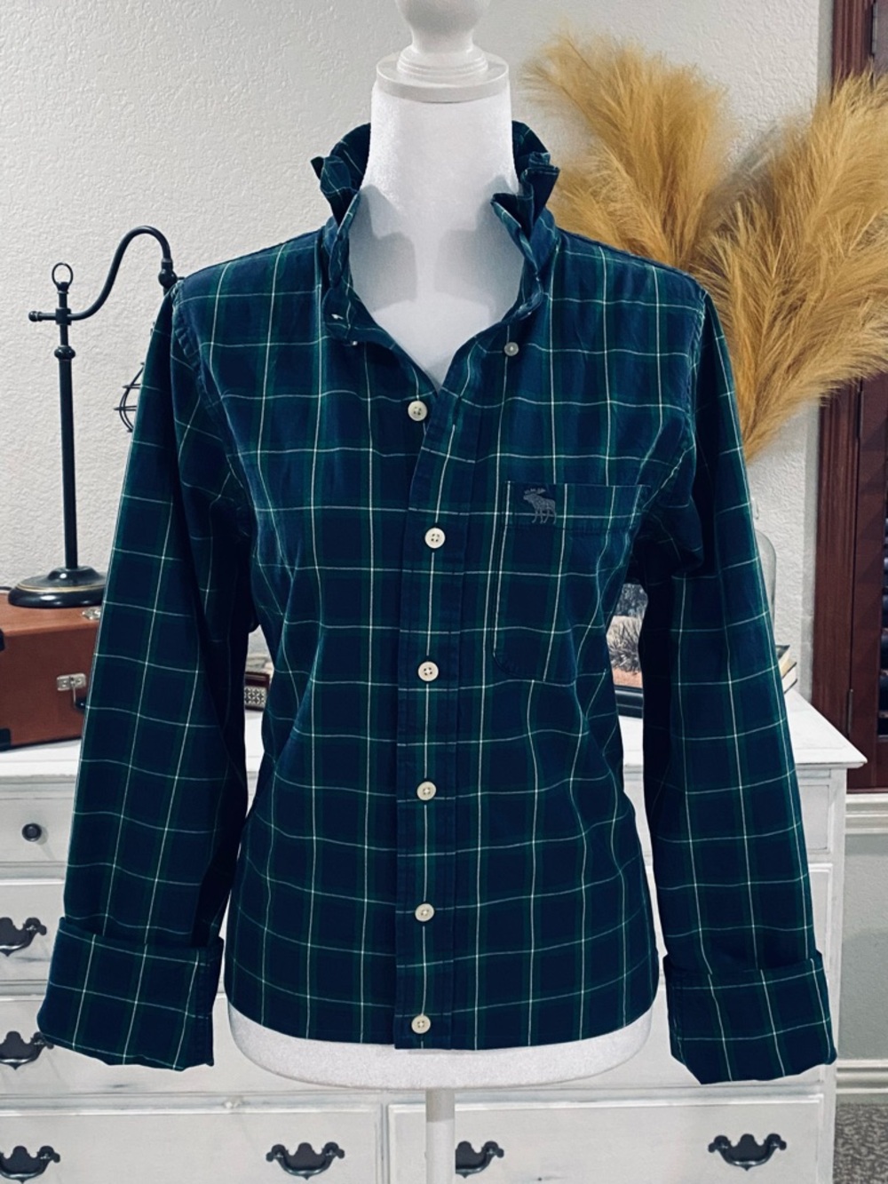 Repurposed AbercrombieDark Green & Navy Plaid Button-Up Shirt